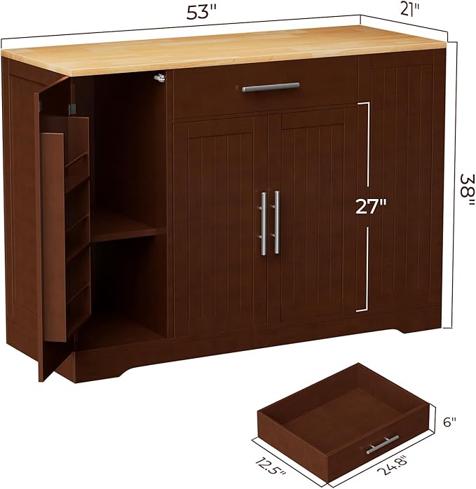 53" Long Kitchen Island with Trash Can Storage, Walnut Kitchen Cart with Garbage Bin 10 Gallon, Portable Island with Trash Can, Wood Top, Spice Rack and Drawers