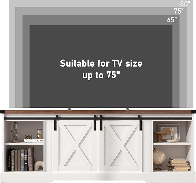 Farmhouse TV Stand for 70/75/80 Inch TV, 70 inch Entertainment Center Storage Cabinets with Sliding Barn Doors, Media Console Cabinet for Living Room, White