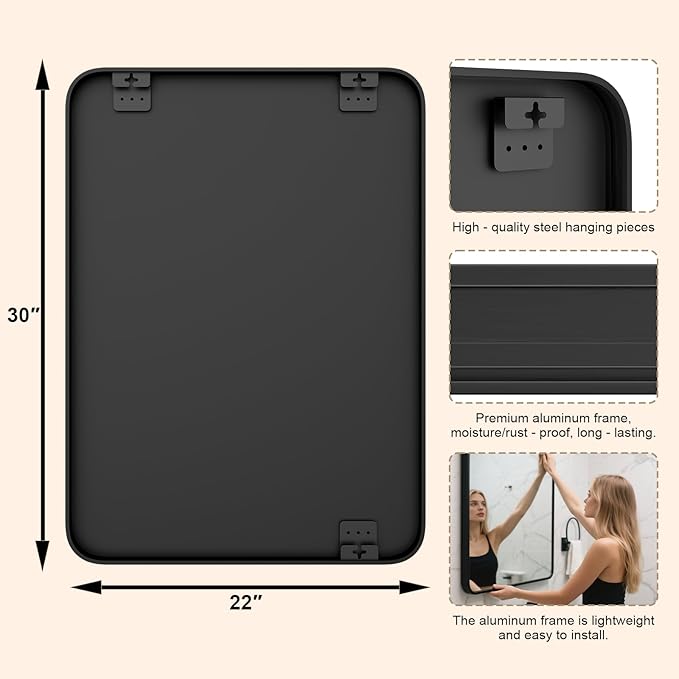 22"×30" Bathroom Mirror for Wall, Modern Bathroom Vanity Mirror, Black Bathroom Mirrors for Over Sink with Metal Framed HD Tempered Glass Hangs Horizontally or Vertically