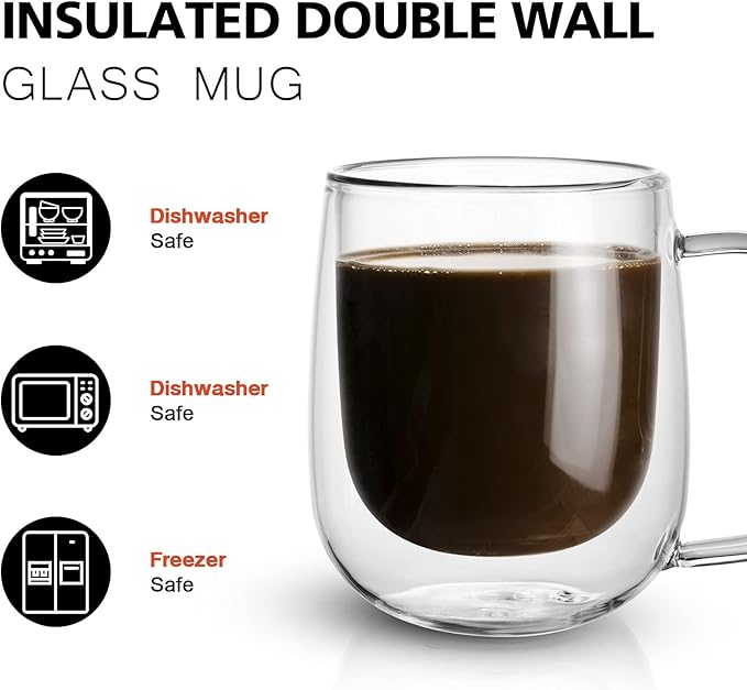 Glass Coffee Mug, 8.5 oz Double Walled Insulated Cup Heat-resistant for Tea Coffee Latte Cappuccino Espresso Iced Tea Dishwasher & Microwave Safe, Set of 1 (Round)