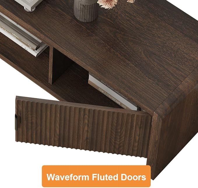 FATORRI TV Stand for 75/65/55 Inch TVs, Mid Century Modern Entertainment Center with Storage, Wood Waveform Fluted-Door Television Media Console for Living Room, Bedroom (63 Inch W, Dark Walnut)