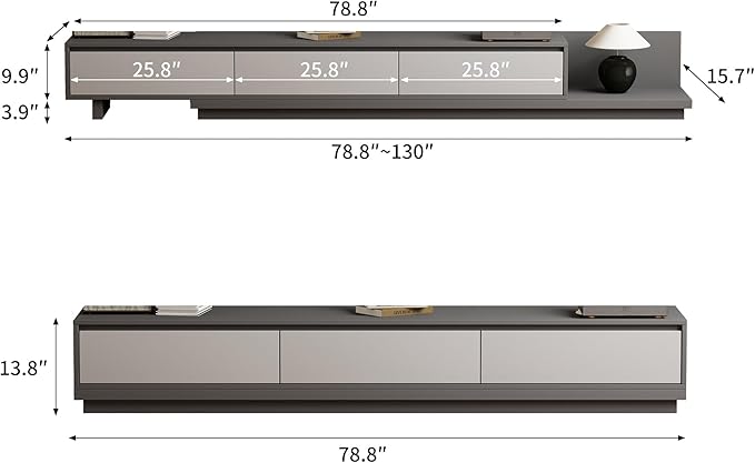 78.7–130" Extendable TV Stand with 3 Drawers - Mid-Century Modern Adjustable Entertainment Center, Perfect for Living Room, Dark Gray & Light Gray