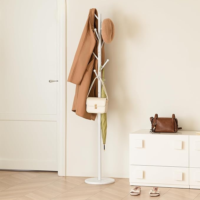 Yoobure Coat Rack Freestanding with Natural Marble Base - Coat Tree with 8 Hooks Heavy Duty Coat Hanger Stand, Metal Coat Rack Stand for Jacket, Hat, Clothes & Bag, Hall Tree Hat Rack for Entryway