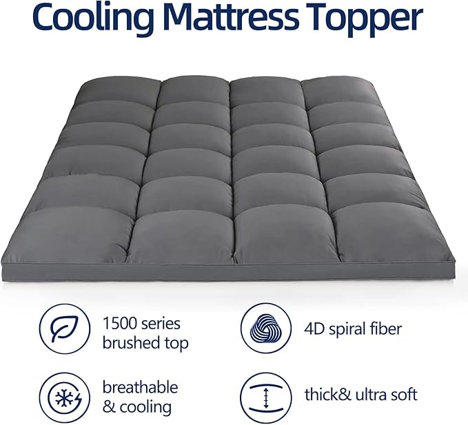 Mattress Topper Super Queen for Back Pain, Extra Thick Mattress Pad Cover, Plush Pillow Top, Deep Elastic Pocket, Grey