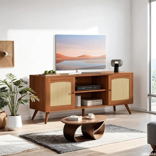 Brown Rattan TV Stand for 60 Inch TV, Wooden Mid Century Modern Entertainment Center with Natural Rattan Door, Boho Media TV Console for Living Room