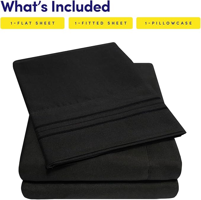 1500 Supreme Collection Twin XL Sheet Sets Black - 3 Piece Bed Sheets and Pillowcase Set for Twin XL Mattress - Extra Soft, Elastic Corner Straps, Deep Pocket Sheets, Twin XL Black