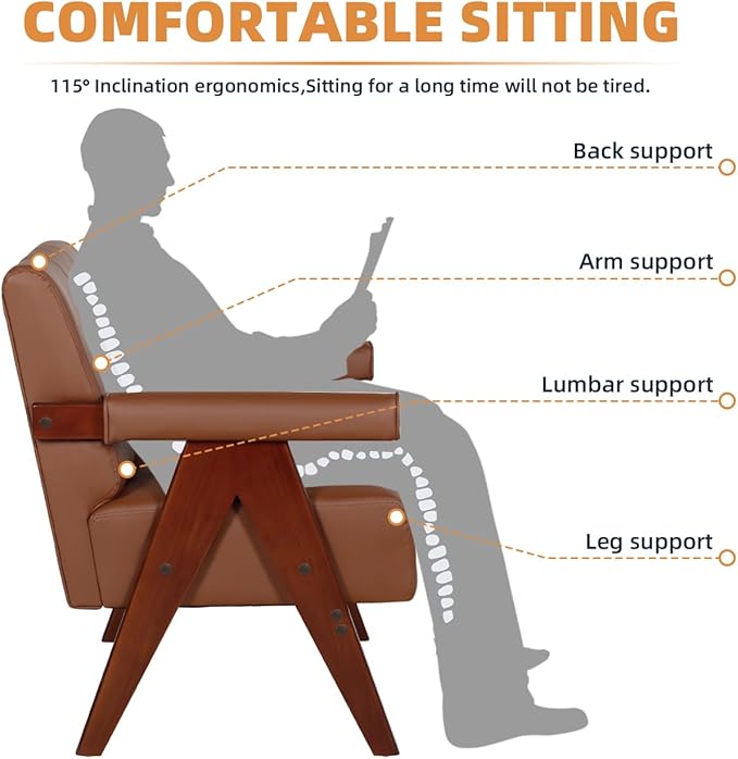 AODAILIHB Mid Century Modern Chairs Brown Leather Accent Chair Wood Arms with Soft Bag Living Room Chairs with Thick Cushion Comfy Leisure Sitting Waiting Room Chairs Bedroom/Office (1, Brown)