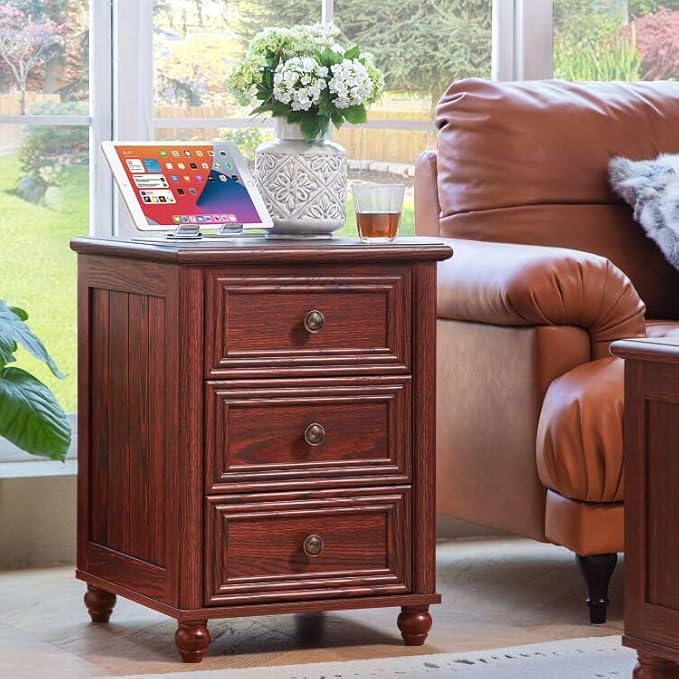 18" Farmhouse Night Stand Set 2 with Charger Station, RedOak 2 & 3 Drawers Wood Nightstand, Bedside End Table with Storage and Roman Column, Bed Side Tables Cabinet for Bedroom Living Room and Closet