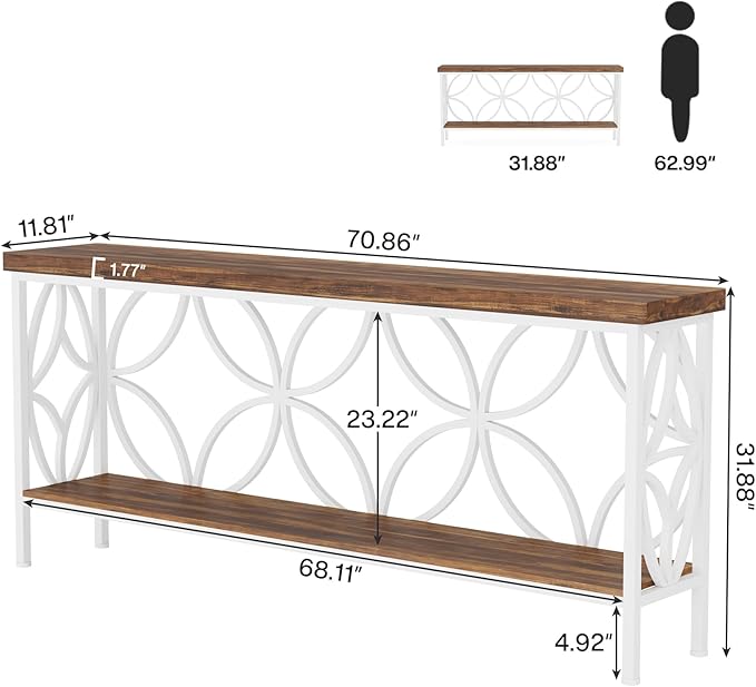 Tribesigns 70.9-Inch Narrow Sofa Table, Industrial Long Sofa Table Behind Couch, Entry Console Table with Storage for Entryway, Living Room, Foyer, Unique Design, Walnut/White