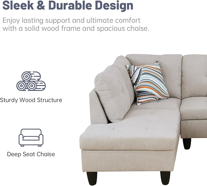 L-Shape 3-Piece Cloud Sofa, Couch for Living Room, Light-Grey Fluffy Fabric L-Shape with Reversible Chaise & Storage Ottoman, Ergonomic 110–115° Recline, Solid-Wood Frame