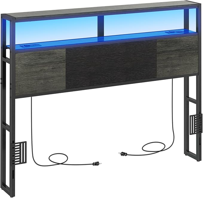 Headboard Full Size, Headboards with Charging Station, USB Port and LED Light, Head Board with 2-Tier Storage Shelf, Adjustable Height, Easy Assembly, Sturdy and Stable, Black