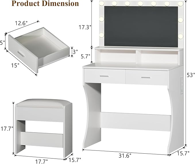 Small Vanity Desk with Mirror and Lights, White Makeup Vanity with Chair, RGB Vanity Table Set with 2 Drawers & Power Outlets & LED Strip, 3 Color Modes & Adjustable Brightness for Women Girls Bedroom