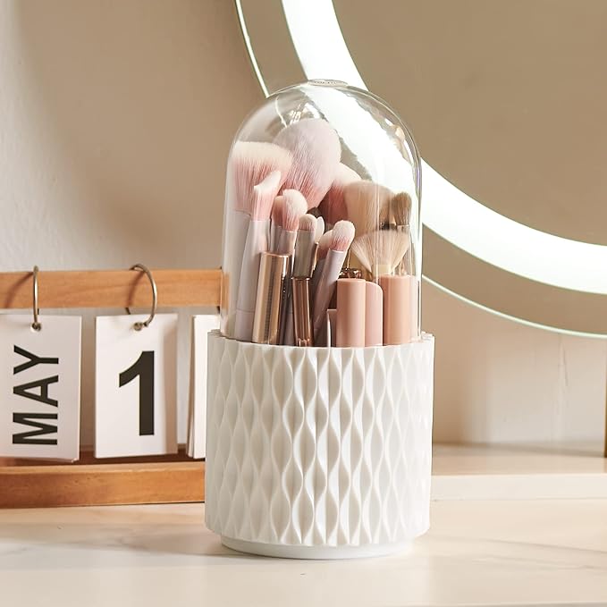 Makeup Brush Holder [Upgrade] [Dustproof & Waterproof] 360 Rotating Cosmetics Make up Brush Organizer Storage with Lid for Vanity