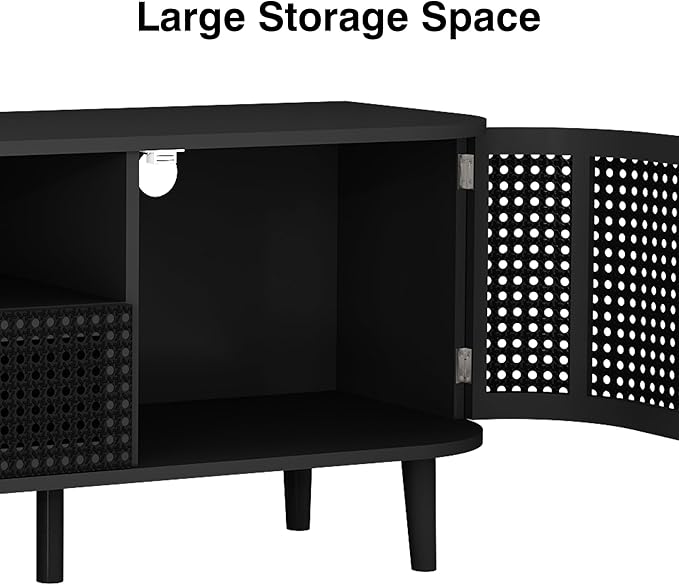 ORRD TV Stand for TVs Up to 65 Inch, Boho Wood Television Stands Media Entertainment Center Console Table with Curved Iron Rattan Doors and Drawer for Living Room - Black