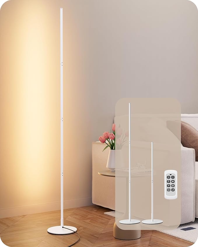 EDISHINE Corner LED Floor Lamp, 57.5" Dimmable Corner Light with Remote, 3 Color Temperature 3000K-4500K-6000K, Minimalist Floor Lamp for Bedroom, Living Room, Office, White