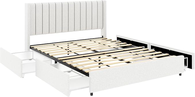 GDFStudio Upholstered Bed with Storage,Queen Size Platform Bed Frame with 4 Drawers Tufted Headboard, Wooden Slat Mattress Support No Box Spring Needed Easy Assembly, Ivory Boucle