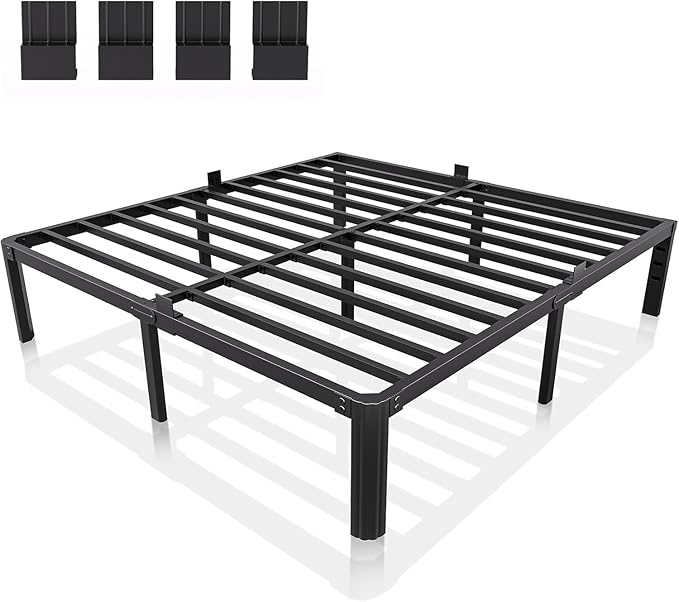 14 Inch Metal Bed Frame King Size Heavy Duty High Platform with Steel Slats No Box Spring Needed Noise-Free Easy Assembly, Under Bed Storage Sturdy Frame with Mattress Stoppers Easy Assembly
