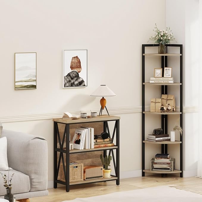 FATORRI Small Bookcase, Wood and Metal Low Short Bookshelf, Industrial Book Case and Rustic Book Shelf for Small Space (Rustic Oak)