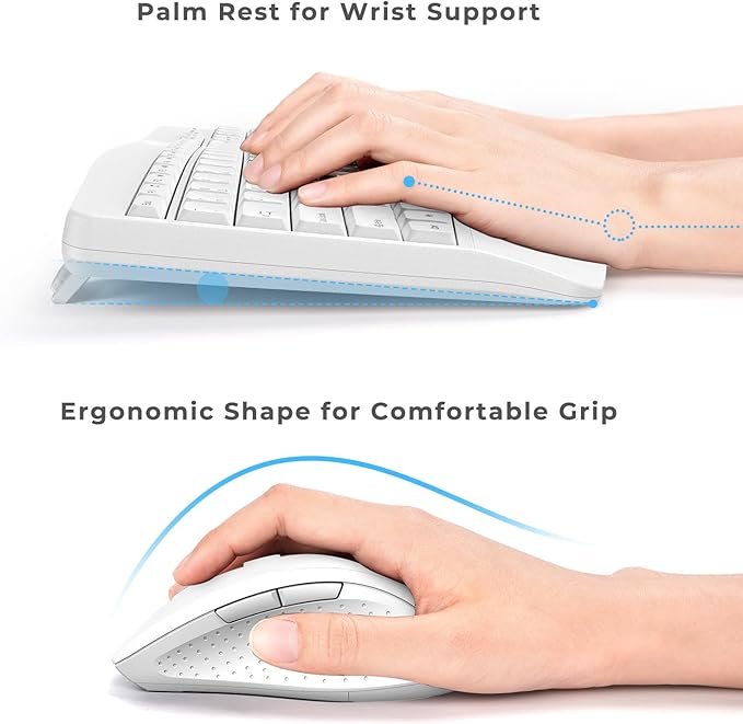 Ergonomic Keyboard and Mouse Combo, Full Size Cordless Computer Keyboard with Palm Wrist Rest Ergonomic Mouse for Windows Computers Laptops - White