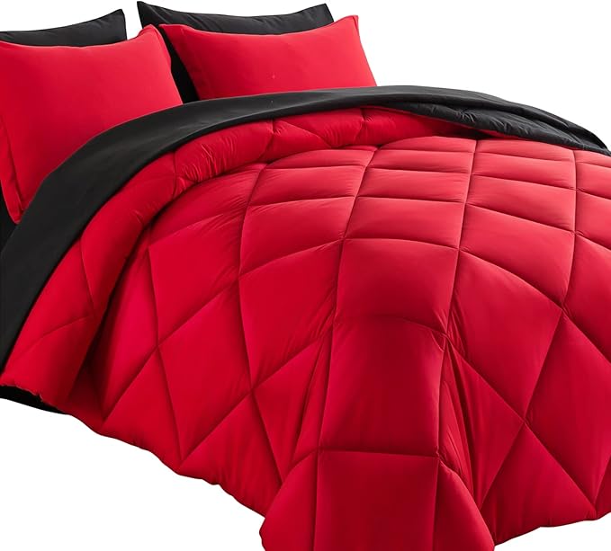 Cosybay Bed in a Bag King Reversible Comforter Sets 7pcs All Season Down Alternative Bedding Sets Red and Black with Comforter, Pillow Shams, Flat Sheet, Fitted Sheet and Pillowcase