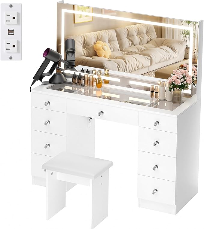 VOWNER Vanity with Lighted Mirror - 47" Glass Top Makeup Vanity Desk with 9 Drawers and Power Outlet, 3 Color Lighting Modes Adjustable Brightness, Makeup Desk with Cushioned Stool for Bedroom, White