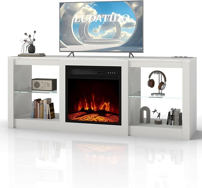 Ludatido 58 Inch TV Stand with 18 inch Fireplace Insert LED Light Entertainment Center Electric Fireplace TV Stand with USB&AC Power Interface for Living Room/Bedroom/Media Room Use(White)