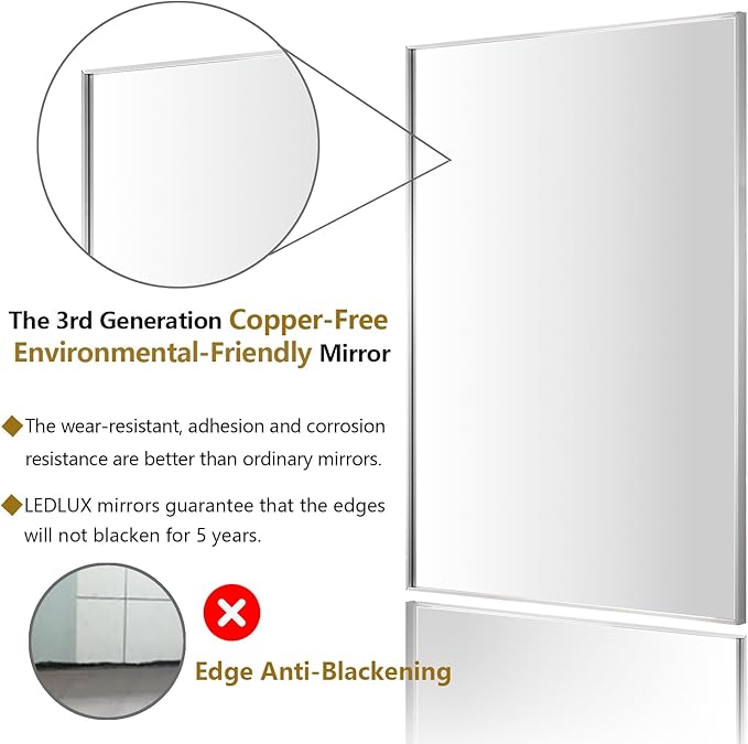 30x40 Inch Silver Bathroom Mirror - Copper-Free Mirror, Aluminum Alloy Frame Vanity Rectangle Wall Mounted Modern Mirror for Bedroom/Living Room/Porch Horizontal or Vertical