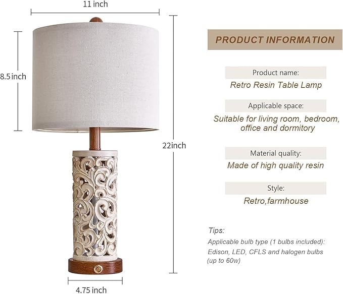 OYEARS 3-Way Dimmable 22'' USB A+C Touch Control Table Lamp with Nightlight for Living Room Bedroom Farmhouse Bedside Nightstand Lamps (Brown Bulb Included