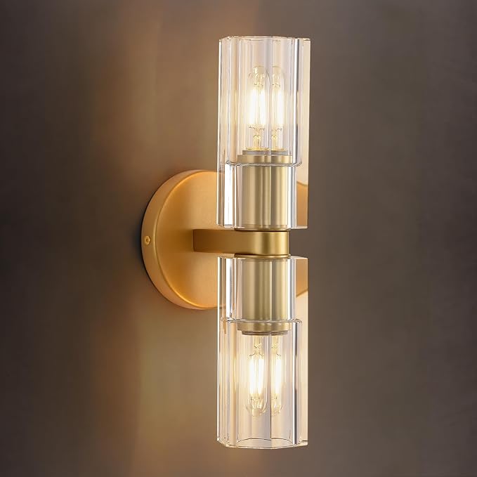 Modern Crystal Wall Sconces 2 Light,K9 Crystal Brass Sconces Wall Lighting,Crystal Modern Wall Sconces Indoor Wall Sconce Bedroom Wall Sconce for Bathroom,Stairway,Entryway,Hallway, Living