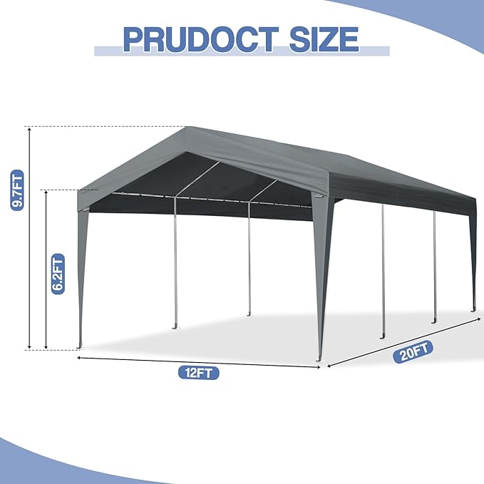 VINGLI 12x20 Carport Canopy Portable Garage, Car Canopy Heavy Duty Car Tent Garage for SUV, Boats, RVs, Trucks Party Tent Boat Shelter(Without Sidewalls)