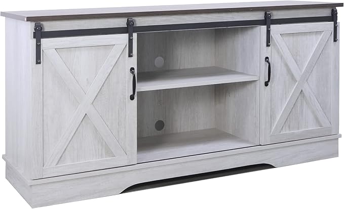 Rainbow Sophia TV Stand, Storage Cabinet with Sliding Barn Doors and Adjustable Shelves, Modern 28”H, Sargent Oak