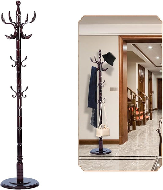 Coat Rack Freestanding, Wooden Tree Coat Rack Stand with 3 Adjustable Sizes Coat Tree and 14 Hooks, Sturdy Hall Tree with Solid Round Base for Entryway, Hallway,Bedroom (Solid Wood Fenghuang Gou)