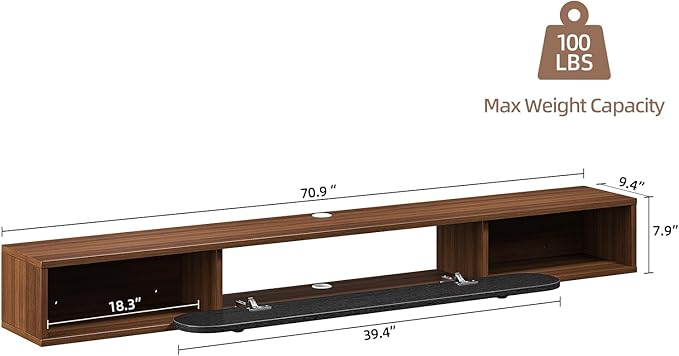 Floating TV Stand Wall Mounted 70'', Modern Media Console with 2 Open Cabinets and 1 Door,Wall Mount TV Console for Living Room Bedroom,Walnut and Black