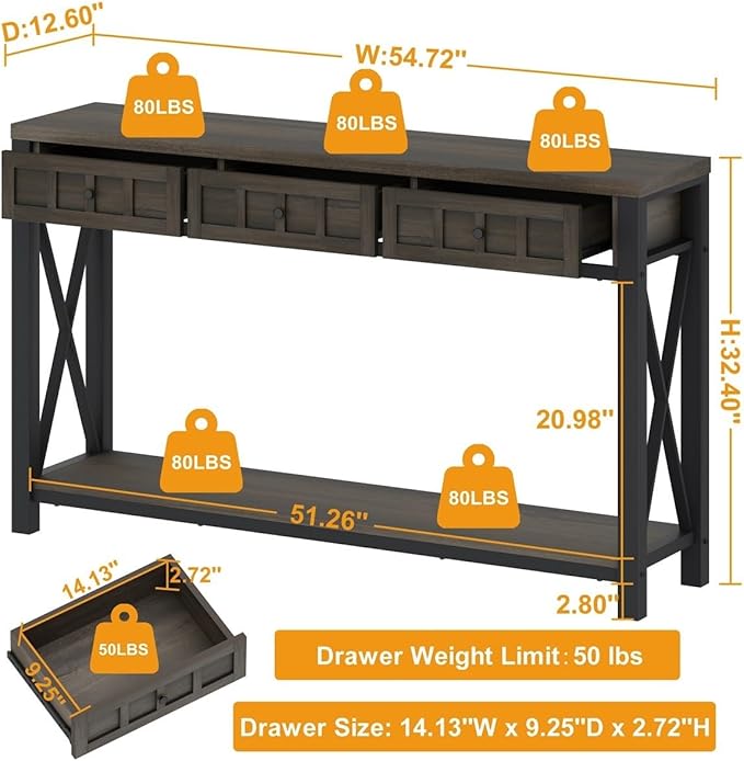 FATORRI Console Sofa Table for Entryway, Entry Way Table with Storage and 3 Drawers for Living Room, Farmhouse Foyer Tables for Hallway, Front Door, Living Room (54.72 Inch Long, Walnut Brown)