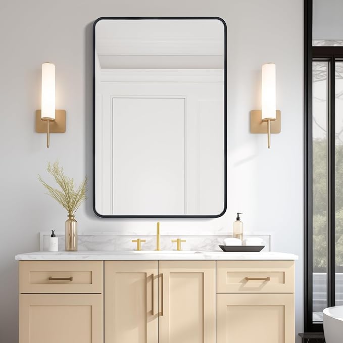 USHOWER Black Bathroom Mirror for Over Sink 24 x 36 Inch, Metal Frame Rectangle Vanity Mirror, Matte Black Modern Mirror for Wall