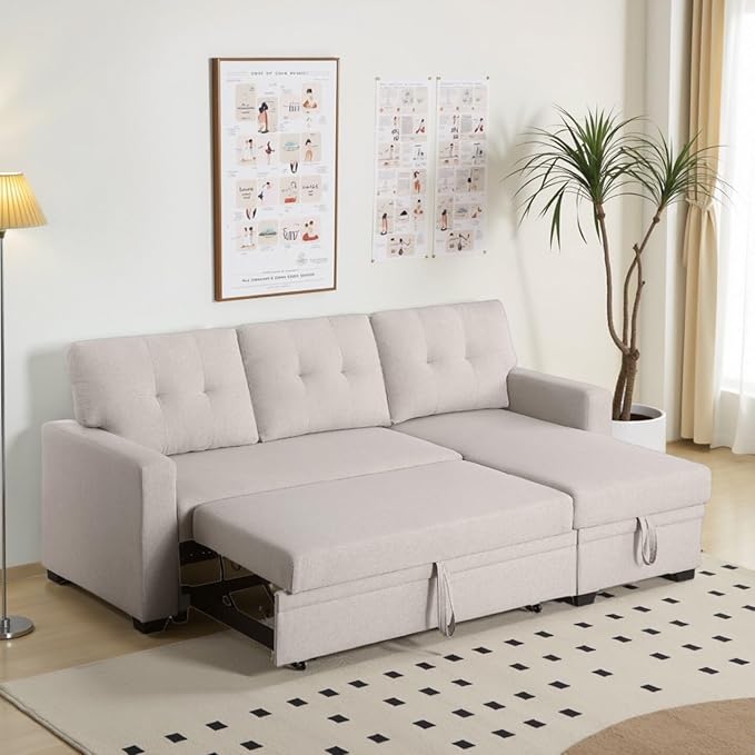 L-Shape Sofa Bed, 82" Sectional Couch with Storage Chaise, Pull Out Sleeper Sofa with Removable Back Cushions, Convertible Corner Couch for Living Room Apartment, Beige