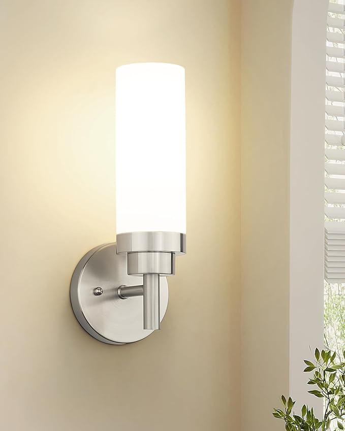 Emak Modern Brushed Nickel Sconces, Bathroom Vanity Light with Milk Glass Shade, Wall Sconce for Bathroom, Bedroom, Living Room, Hallway, WS085-BN-ML