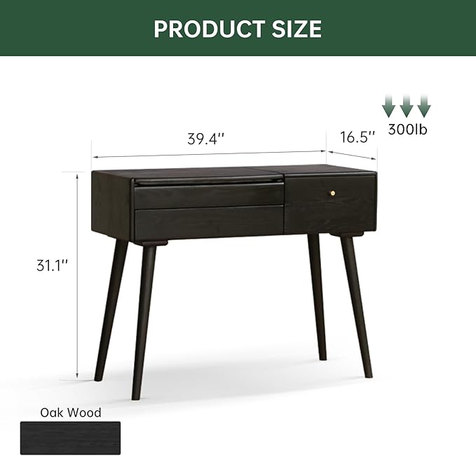 Small Vanity Desk with LED Mirror, Solid Wood Flip-top Design Dressing Table with Drawer Divider, Vintage Dressing Table Vanity Desk for Bedroom, Black, 40" D x 17" W x 31" H