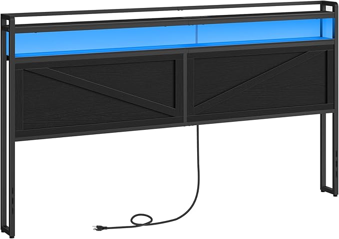 HOOBRO King Size Headboard, Headboard with Charging Station and LED Light Strip, 2-Tier Storage Head Board with Outlets and USB Ports, Industrial Style, for King Size Beds, Black
