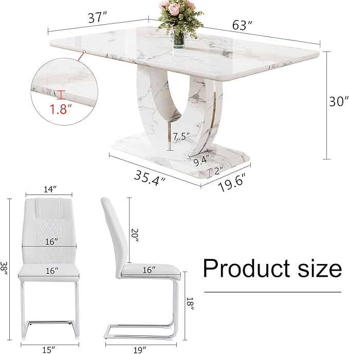 Dining Table Set for 4, Kitchen Table Chairs Set of 4, Modern Dining Room Set with 63 inch Marble Dinner Table PU Leather Upholstered Chairs for Dining Room Kitchen