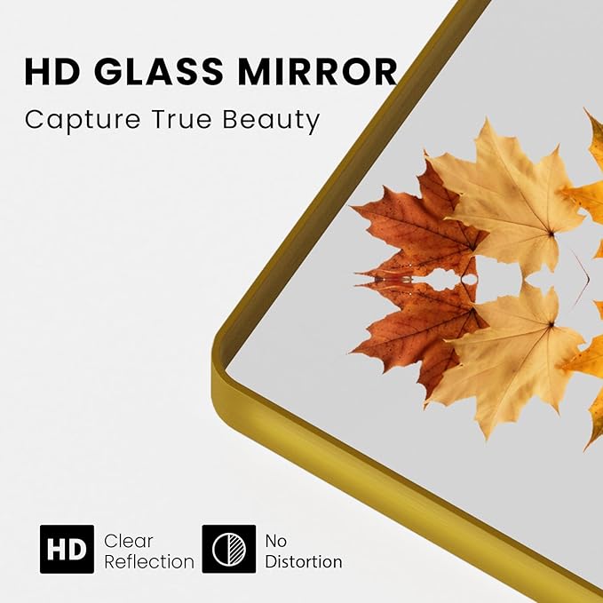 Gold Bathroom Mirror, 40x32 Inch Brushed Gold Metal Frame Mirror for Wall, Rounded Rectangle Bathroom Vanity Mirror, Tempered Glass, Anti-Rust, Horizontal/Vertical