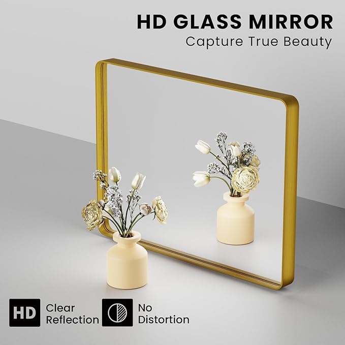Gold Bathroom Mirror, 36x36 Inch Brushed Gold Metal Frame Mirror for Wall, Rounded Rectangle Bathroom Vanity Mirror, Tempered Glass, Anti-Rust, Horizontal/Vertical