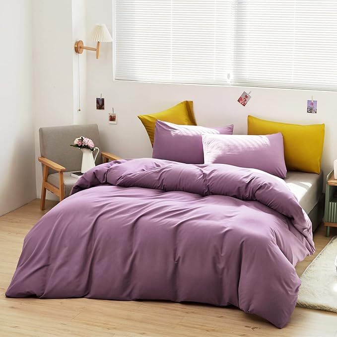 Luxlovery Purple Comforter Set King Pale Mauve Bedding Comforter Set Dusty Purple Modern Elegant Solid Bed Blanket Soft Breathable Lilac Blanket Quilts 3 Piece Bedding Set for Women