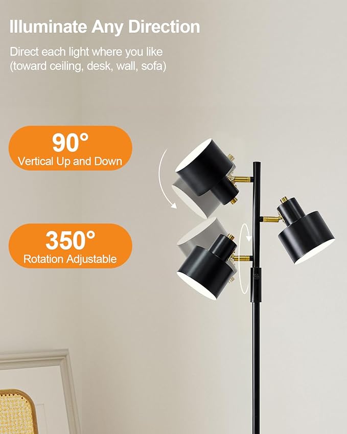 OYEARS Floor Lamp for Living Room Bright Lighting Tall Modern Industrial Vintage Standing Corner Lamps LED Metal Light Office Bedroom Study Gold Black Cream Matte Accent (3-Light, Black)