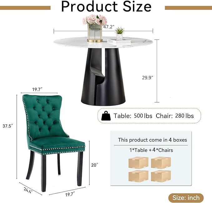 5-Piece Faux Marble Round Dining Table Set for 4, Modern Luxury Kitchen Table Set for 4 with Green Tufted Chairs,Circle Dining Tables with White Marble Grain Top and Black Pedestal Base