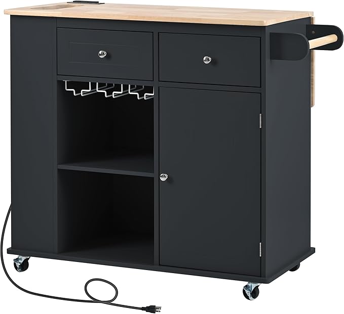 Rolling Mobile Kitchen Island Cart Cabinet with Door, Open Storage Shelves, 2 Drawers and Wine Rack for Dining Room