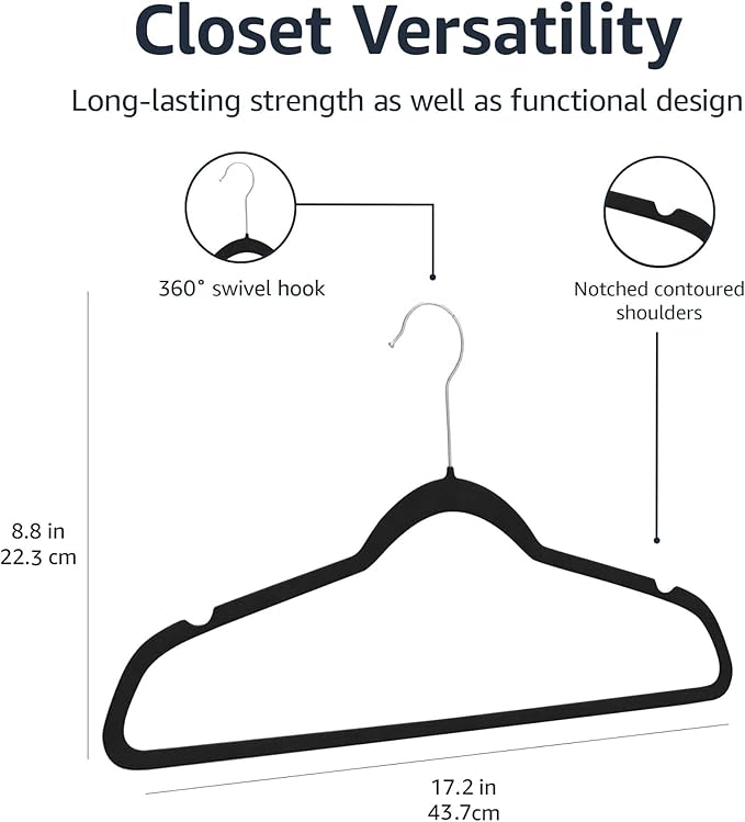 Amazon Basics Slim Velvet, Non-Slip Suit Clothes Hangers, Pack of 100, Black