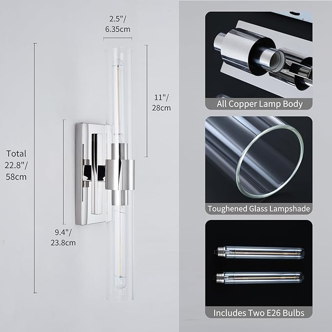 Bathroom Vanity Light Fixtures, Glass Tube Wall Sconces Set of 2, Nickel coloured base, Bathroom Wall Lights, Bedroom Bedside Wall Light, Wall Lamp For Dressing Table, Living Room, And Hallway