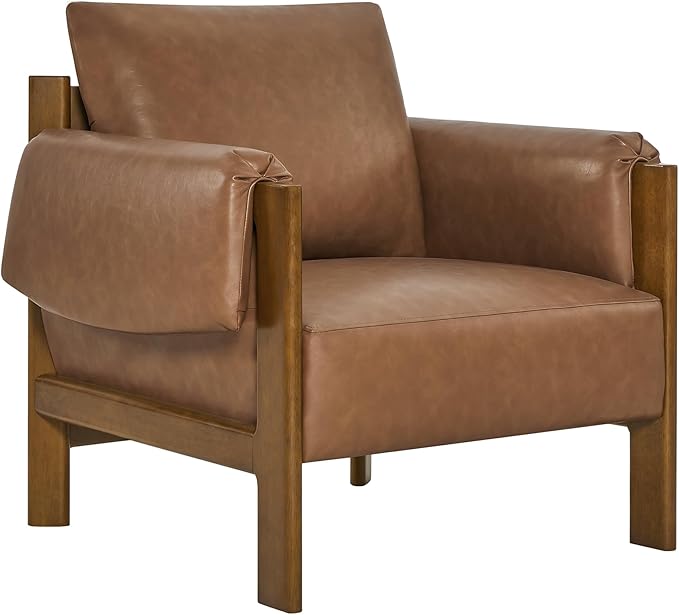 CHITA Accent Chair Set of 2, Mid Century Modern Upholstery Armchair for Living Room, Solid Wood Frame, Faux Leather in Saddle Brown