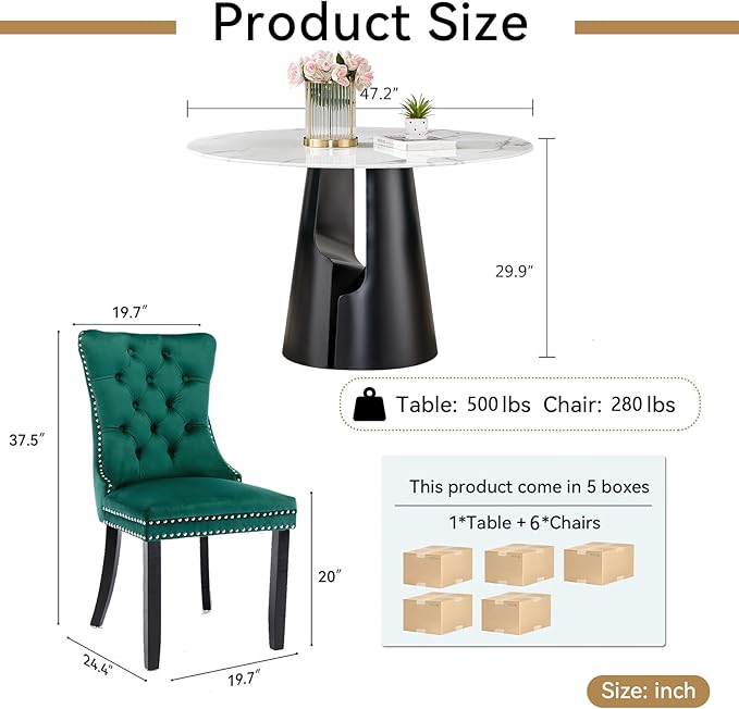 7-Piece Faux Marble Round Dining Table Set for 6, Modern Luxury Kitchen Table Set for 6 with Green Tufted Chairs,Circle Dining Tables with White Marble Grain Top and Black Pedestal Base